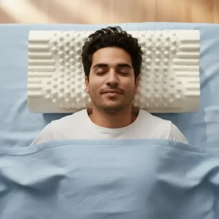 شاب ينام على مخدة حبيبات ميموري فوم بدون كفر المخدة ويظهر شكل الحبيبات الموجود فيها A young man sleeping on a Microbead Memory Foam Pillow without the pillowcase, showing the shape of the beads inside.