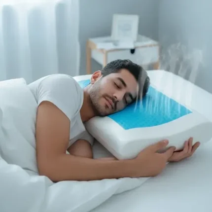 شخص ينام على مخدة كونتور جل ميموري فوم ويظهر ميزة تبريد الجل A person sleeping on a Contour Gel Memory Foam Pillow, showing the cooling feature of the gel.