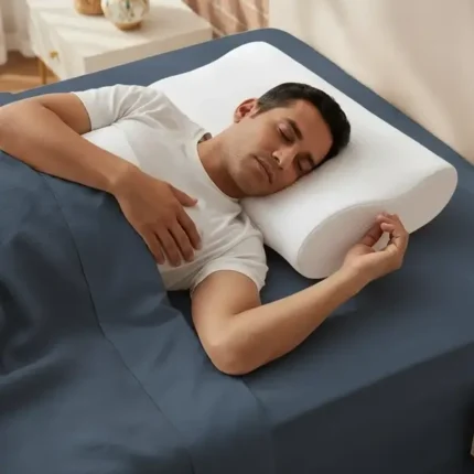 رجل ينام مرتاح على مخدة كونتور كبيرة من الميموري فوم A man sleeping comfortably on a large contour memory foam pillow.