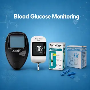 كل مستلزمات قياس السكر فى الدم، أجهزة، شرايط، حافظة انسولين وشكاكة. All blood glucose measurement supplies, devices, strips, insulin container and lancet.