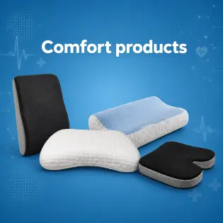 منتجات الراحة مخدات ميموري فوم، رقبة سفر، مسند ظهر، مقعد طبي. Comfort products: Memory foam pillows, travel neck support, backrest, medical seat.