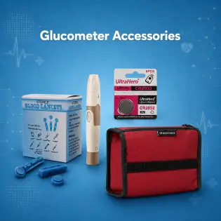 Blood glucose testing supplies including cotton, lancet, lancing pen, insulin case, and blood glucose meter cartridge مستلزمات قياس السكر من قطن، شكاكة، قلم شكاكة، حافظة أنسولين وحجر جهاز السكر