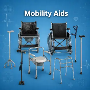 Mobility aids such as crutches, walkers, wheelchairs, and bath chairs. وسائل المساعدة على الحركة من عكاكيز، مشايات، كراسي متحركة، كرسي بحمام.